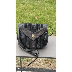 Vintage Sharif Black Leather Suede Patchwork Shoulder Bag Made in USA